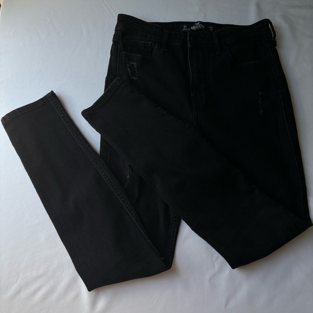 Hollister Black Super Skinny High Rise Distressed Denim Jeans Size 5S 27x28